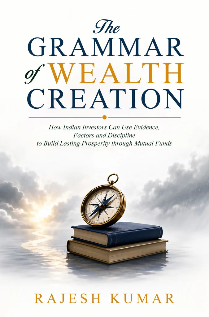 The Grammar of Wealth Creation by Rajesh Kumar, book cover with a brass compass resting on navy volumes at sunrise